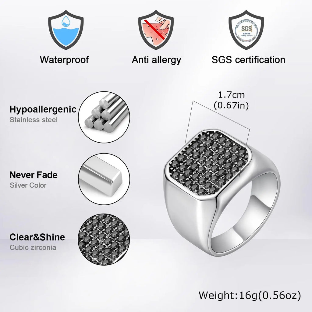 Iced Out Black Zircon Signet Ring — Stainless Steel