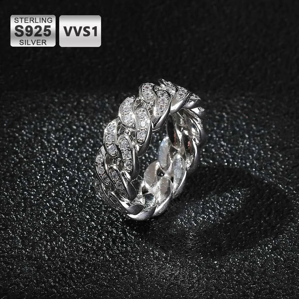 925 Silver Iced Out Cuban Ring VVS Moissanite