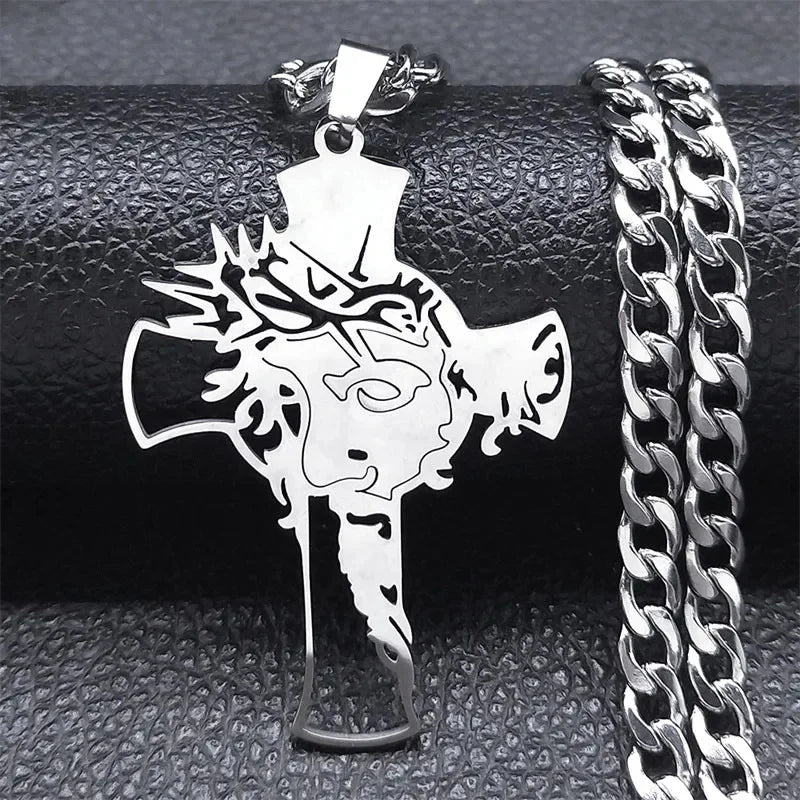 Hip Hop Punk Crown of Thorns Jesus Cross Necklace for Men Stainless Steel Gold Plated Crucifix Pendant Necklaces