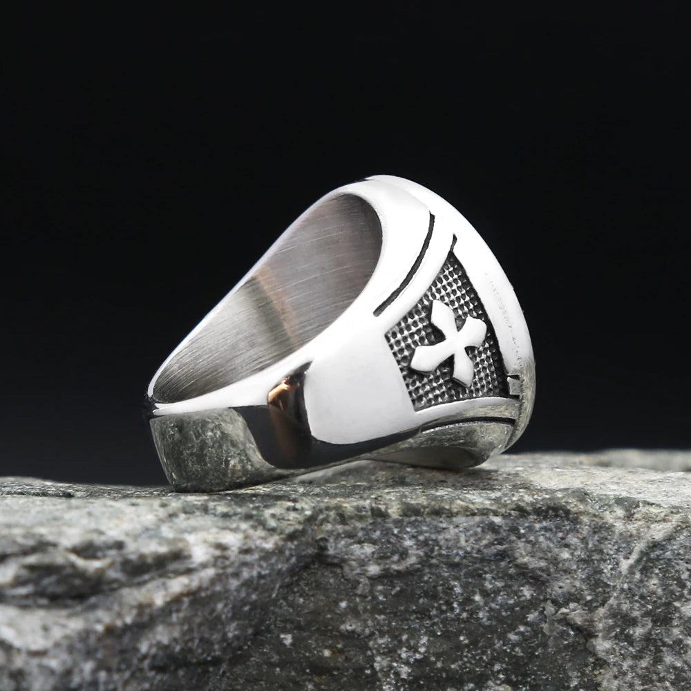 Cross Saint Benedict Steel Ring Vintage 316L Religious