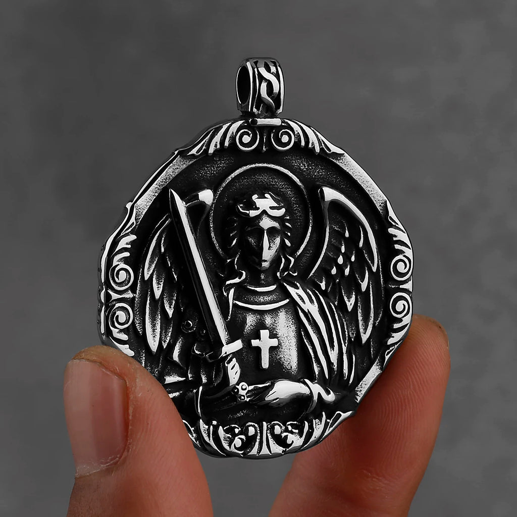 St. Michael Archangel Cross Protection American Pendant Men's Women's Vintage Charm Pendant Necklace Stainless Steel Jewelry