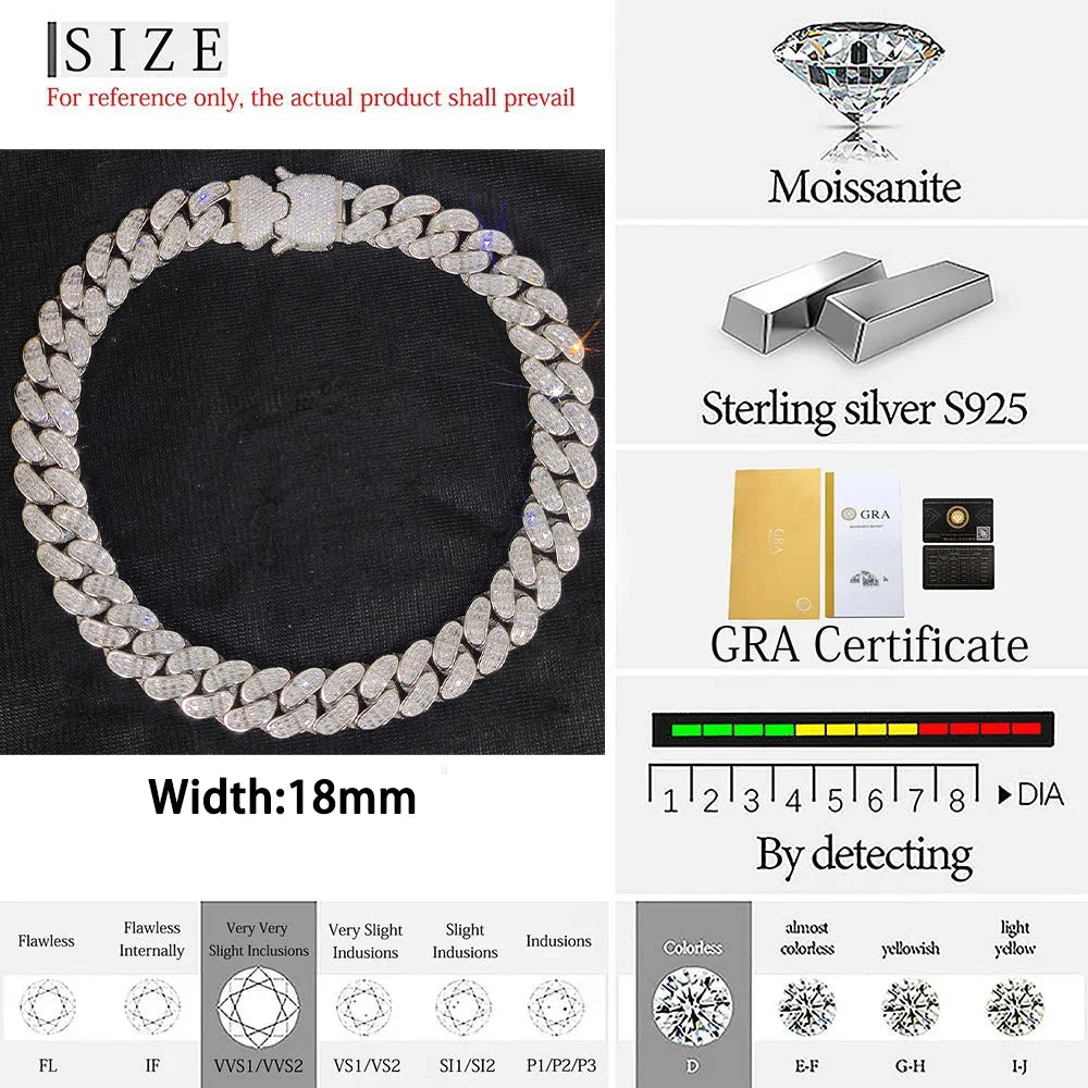 925 Silver Cuban Chain Necklace Moissanite VVS 18MM