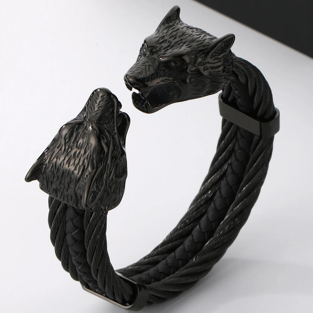 Gothic Elastic Double Wolf Face Head Open Cuff Bangle Bracelet For Man 12MM Wide Twist Chain Stainless Steel Men Men's