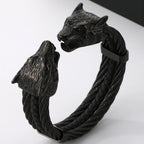 Gothic Elastic Double Wolf Face Head Open Cuff Bangle Bracelet For Man 12MM Wide Twist Chain Stainless Steel Men Men's