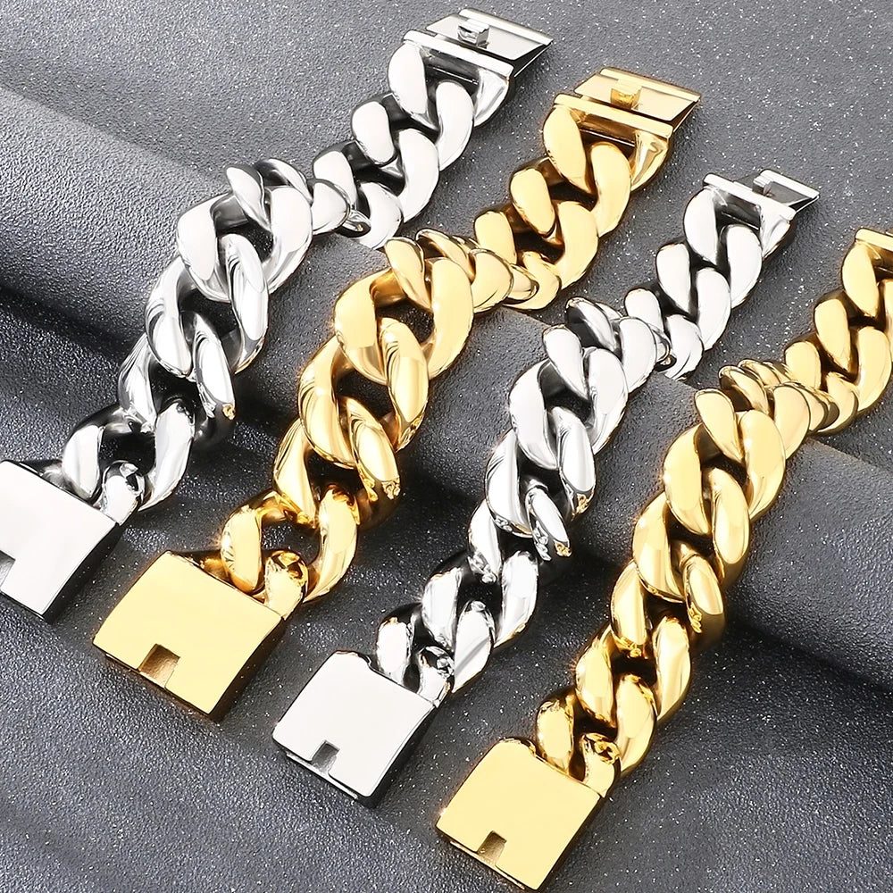 Cool 25/30mm Hip Hop Cuban Link Chain Bracelet Man Vacuum Plated 316l Stainless Steel Men's Bracelets Heavy Duty Street