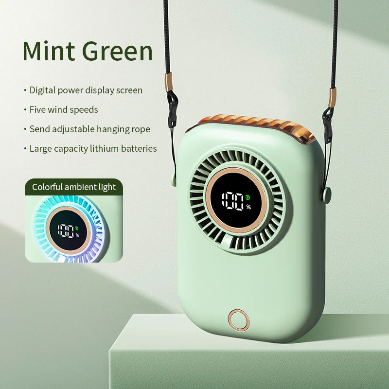 Colorful Hanging Neck Fan Portable Hanging Neck Fan Intelligent Digital Display Colorful Atmosphere Light Five-speed