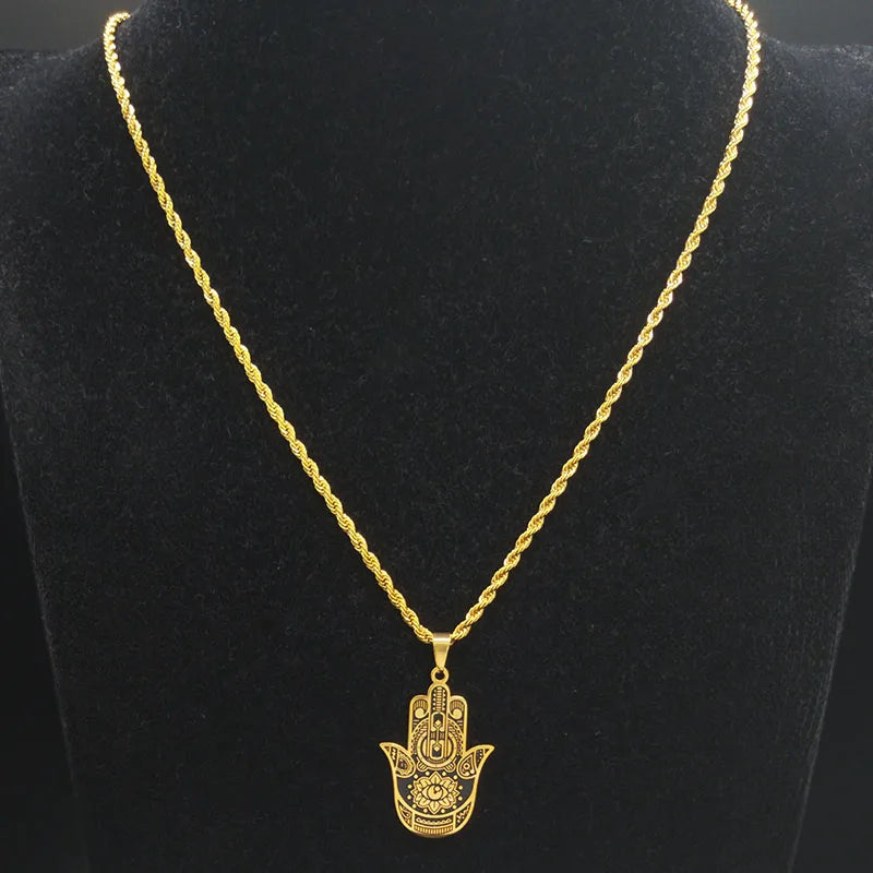 2024 Fashion Hamsa Hand Stainless Steel Chain Necklace for Men Gold Color Necklaces Pendants Jewerly colgante hombre