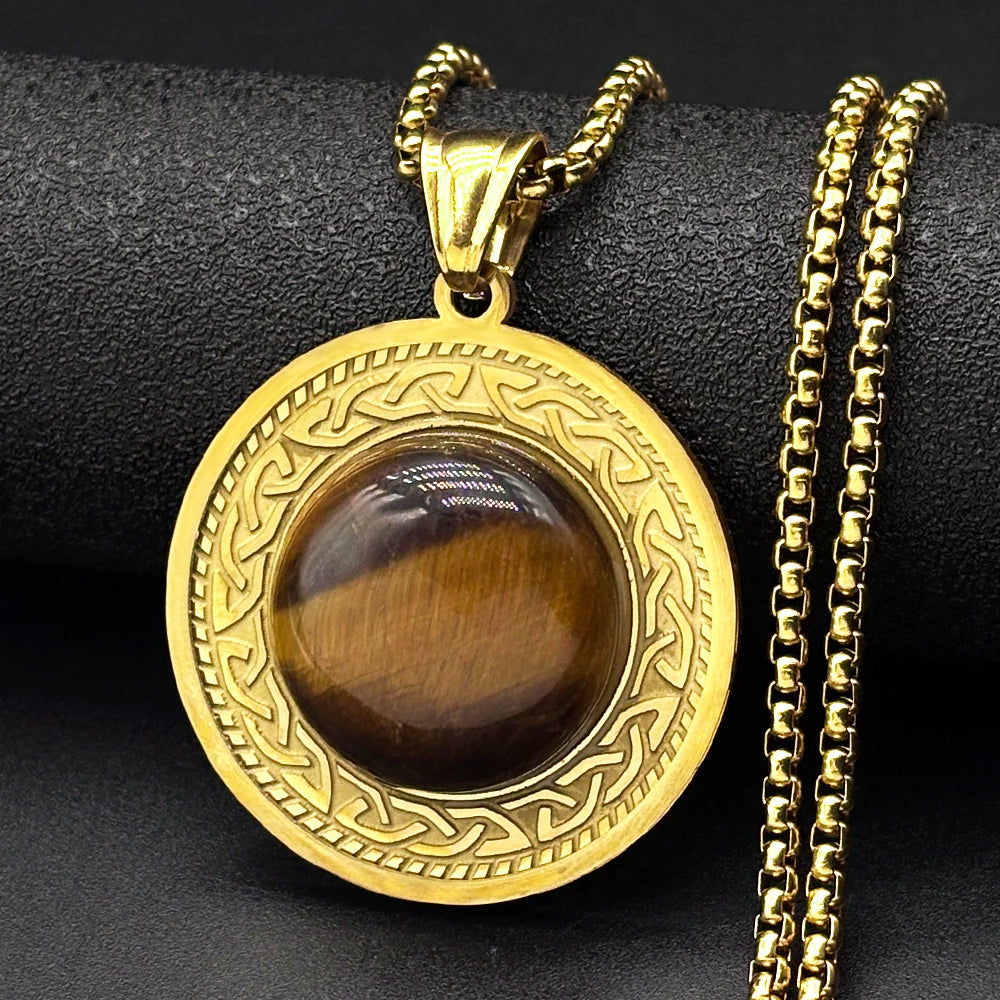 Celtic Knot Tiger Eye Pendant Necklace — Gold-Tone