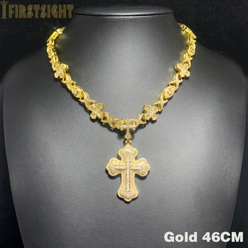 2025 New Iced Out Cross Pendant Necklace for Men Women Bling Gold Color Cubic Zirconia Infinity Link Eye Charm Hip Hop