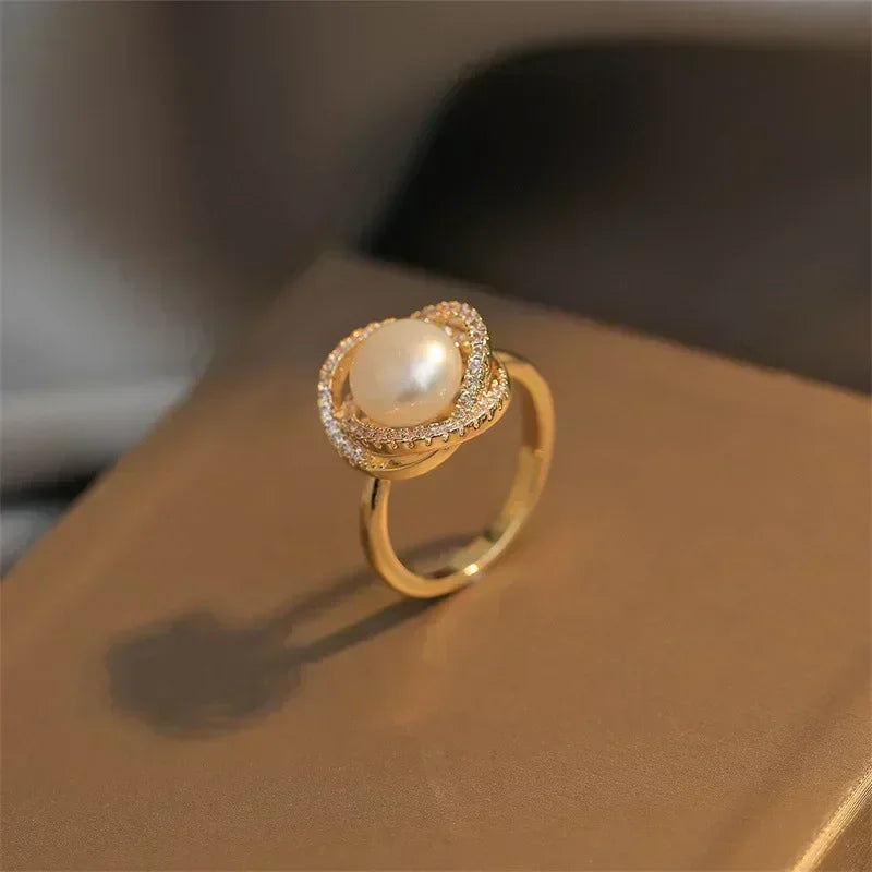 Hug Hands Open Adjustable Ring — Gold-Tone, Clear Stones