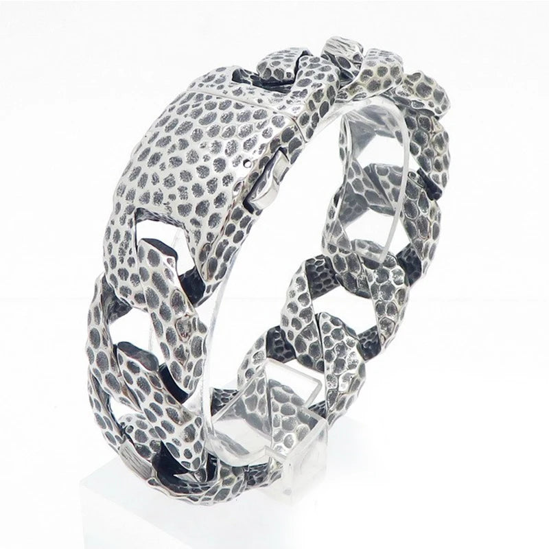 Heavy Curb Bracelet for Men Vintage Stainless Steel Foundry Tapping Pattern Cuban Chain Male Bangle Bracelets Jewelry