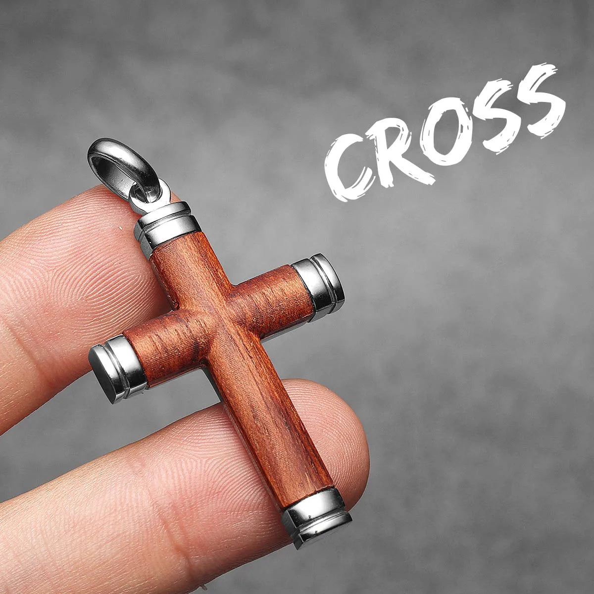 Wood Cross Pendant Necklace — Stainless Steel