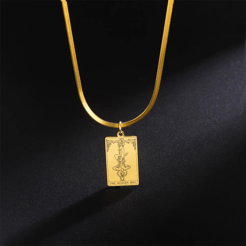 LIKGREAT Major Arcana Tarot Card Necklace Stainless Steel Snake Chain Necklace Vintage Amulet Moon/Sun/Star Tarot