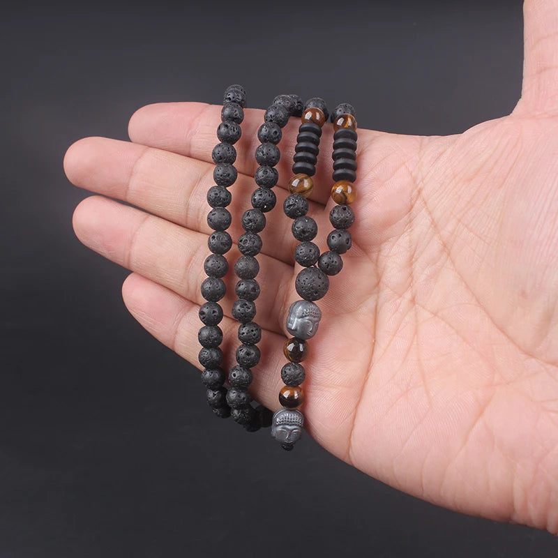 6mm Lava Stone Tiger-eye Beaded Necklace for Men and Women with Buddha Head Pendant