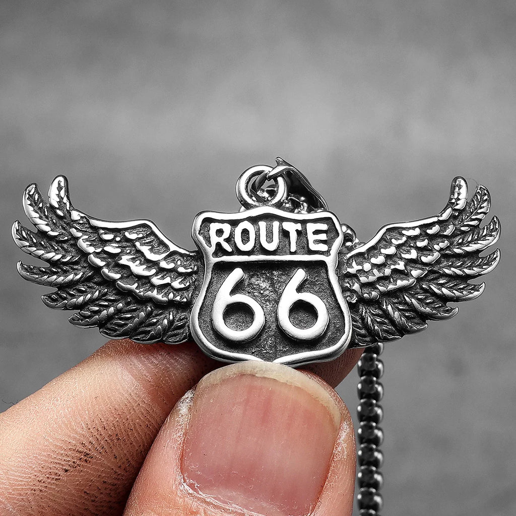 Route 66 Rider Wings Pendant — Stainless Steel