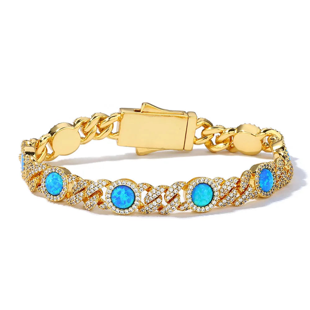 Cuban Iced Out Gold Necklace Blue Opal CZ