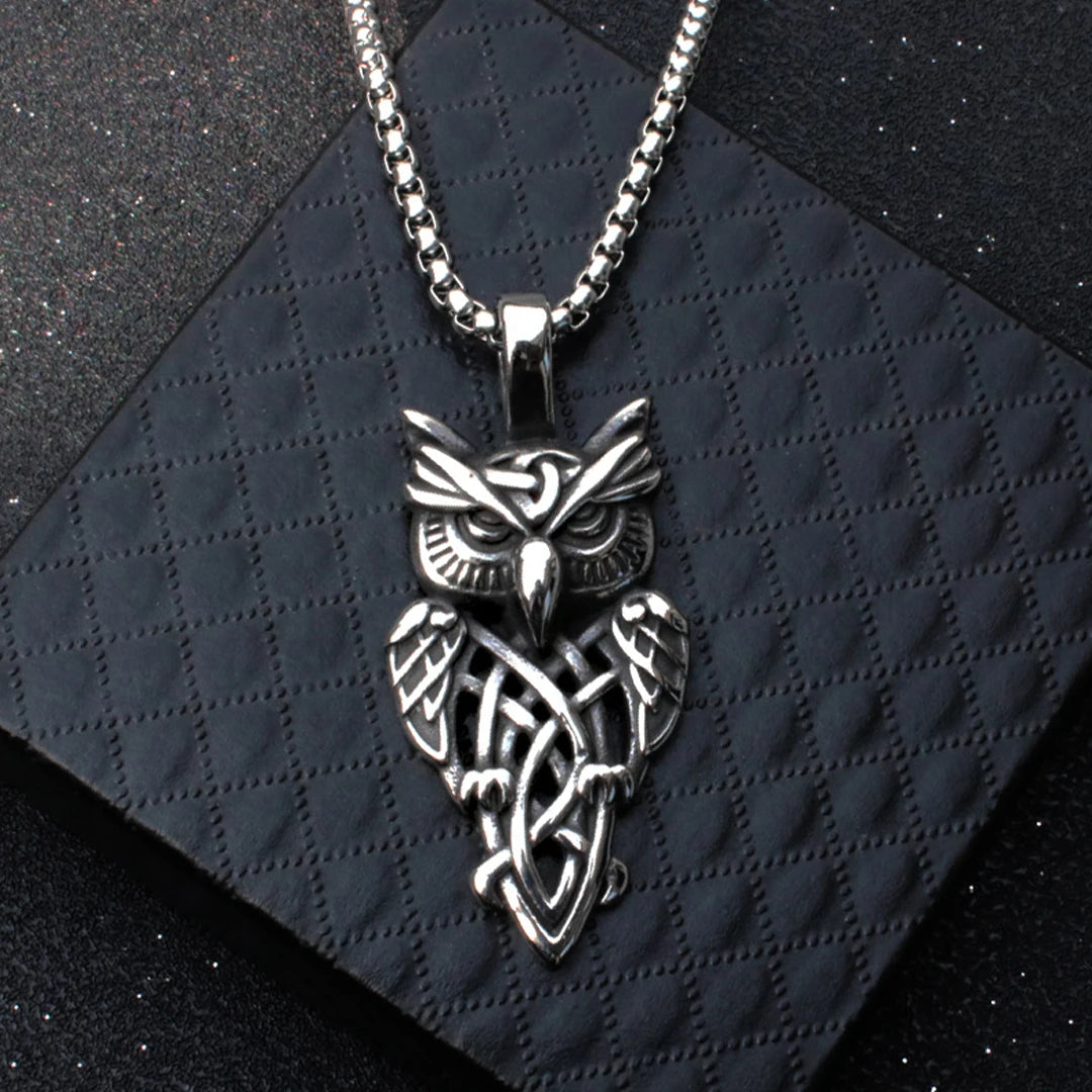 Silver Owl Pendant Necklace Viking Style