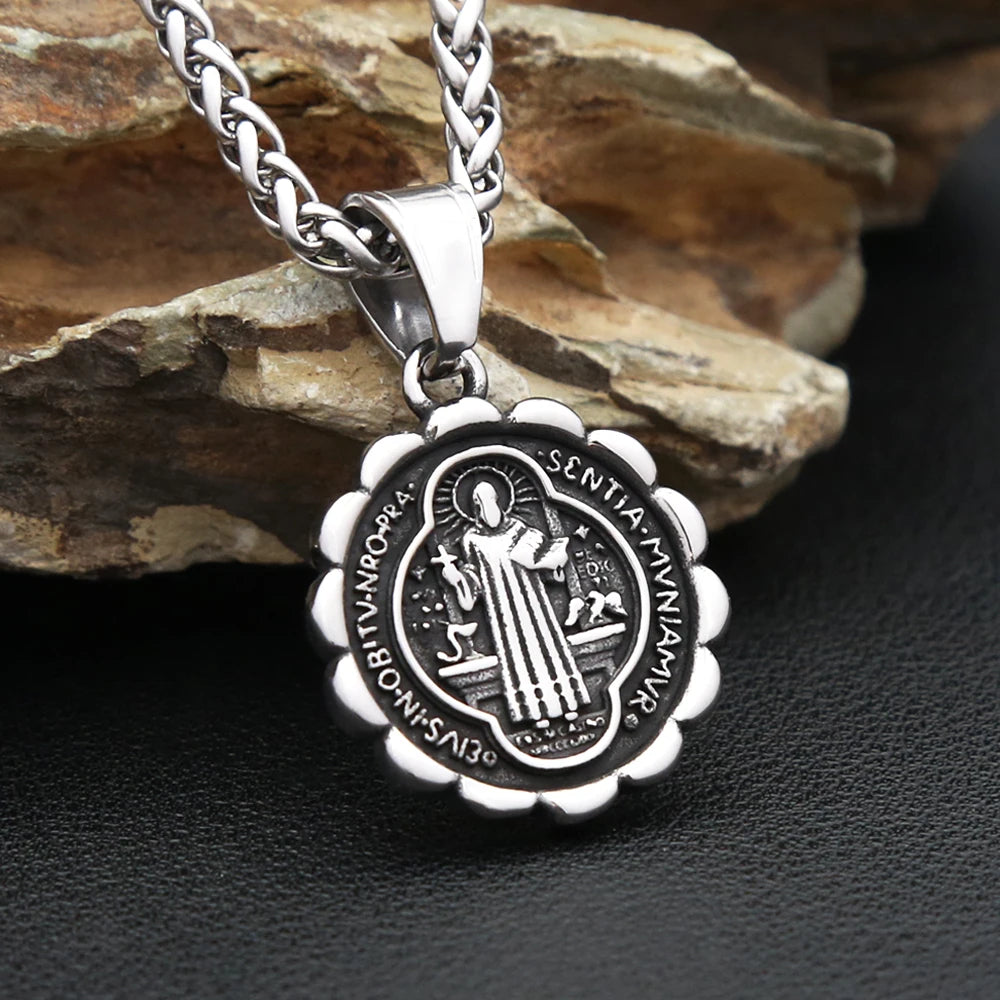 Cross Saint Benedict Steel Pendant Vintage Catholic