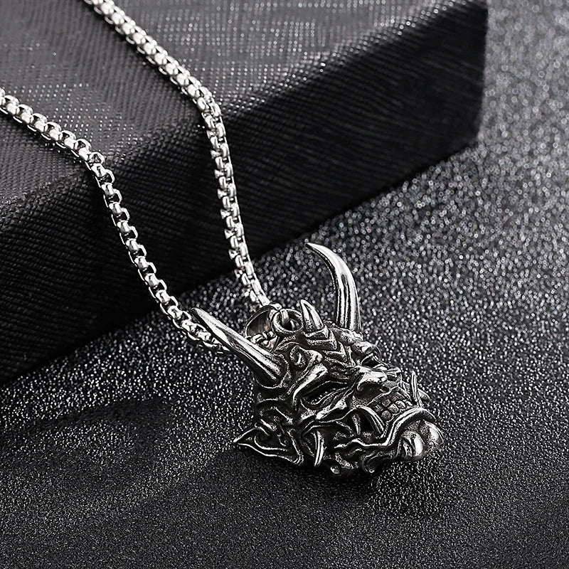 Japanese Hannya Mask Horn Men Necklaces Pendants Stainless Steel Chain Punk for Boyfriend Male Jewelry Creativity Gift Wholesale