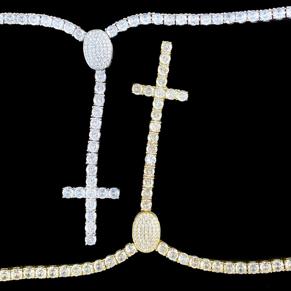 Aokaishen Tennis chain Necklace Choker Cross Drip for Men 5A Prong Setting Cubic Zirconia Copper Gold Plated Hip Hop Jewelry