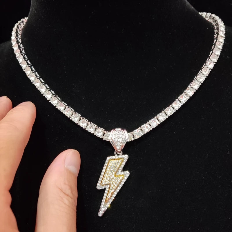 Hip Hop Lightning Pendant Necklace with 4mm Zircon Tennis Chain Iced out Bling HipHop Necklaces for Men Women fashion jewelry