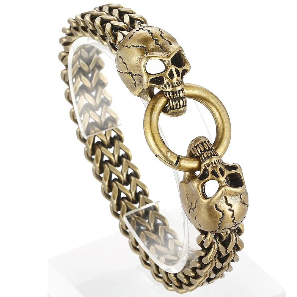 Vintage Men's Punk Skull Bracelet for Man Waterproof Ancient Gold Color Stainless Steel Gothic Chain Biker Skeleton