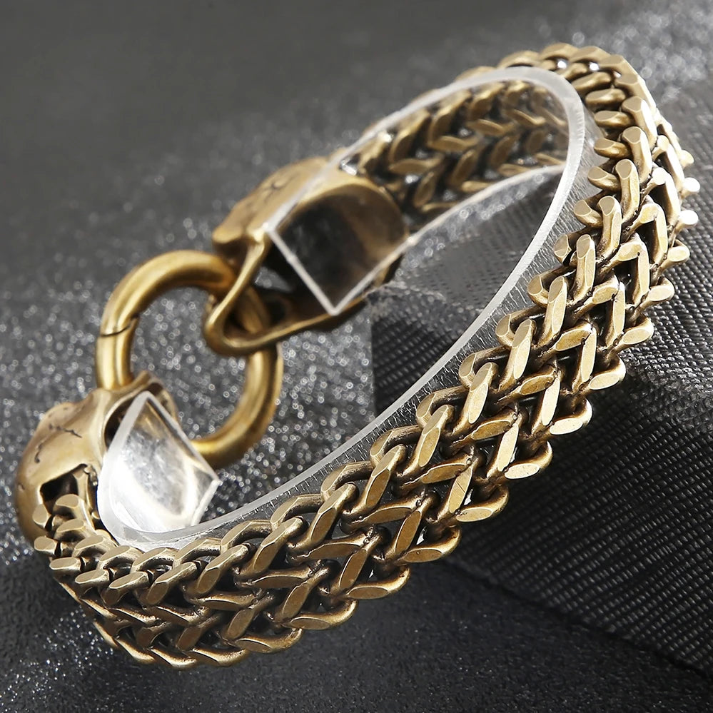 Vintage Men's Punk Skull Bracelet for Man Waterproof Ancient Gold Color Stainless Steel Gothic Chain Biker Skeleton