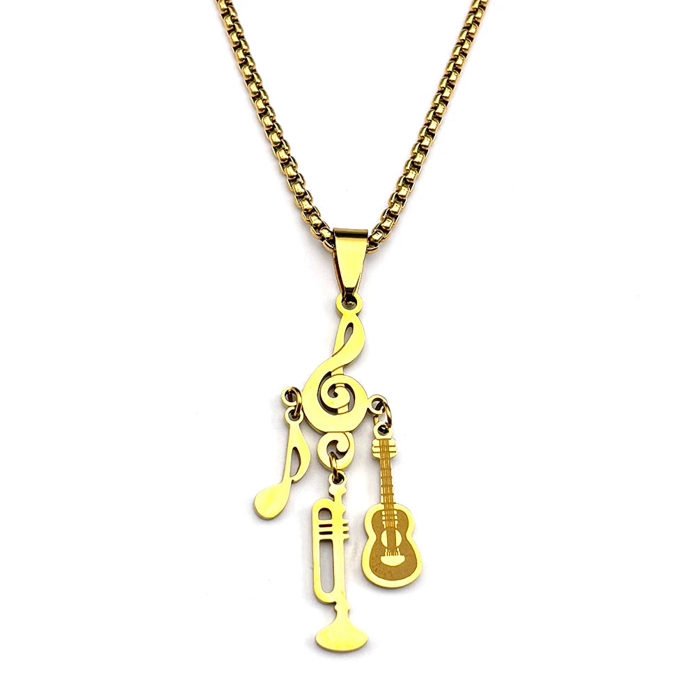 Treble Clef Pendant Necklace For Musicians Music Note Guitar Trumpet Charms Stainless Steel Chain Rock Hiphop Jewelry