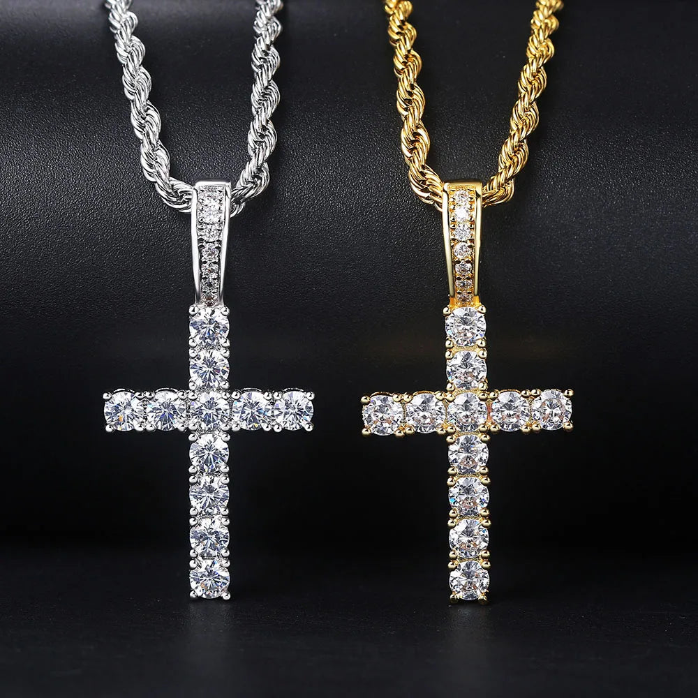 Cross Pendant Rope Chain Necklace Iced Out CZ