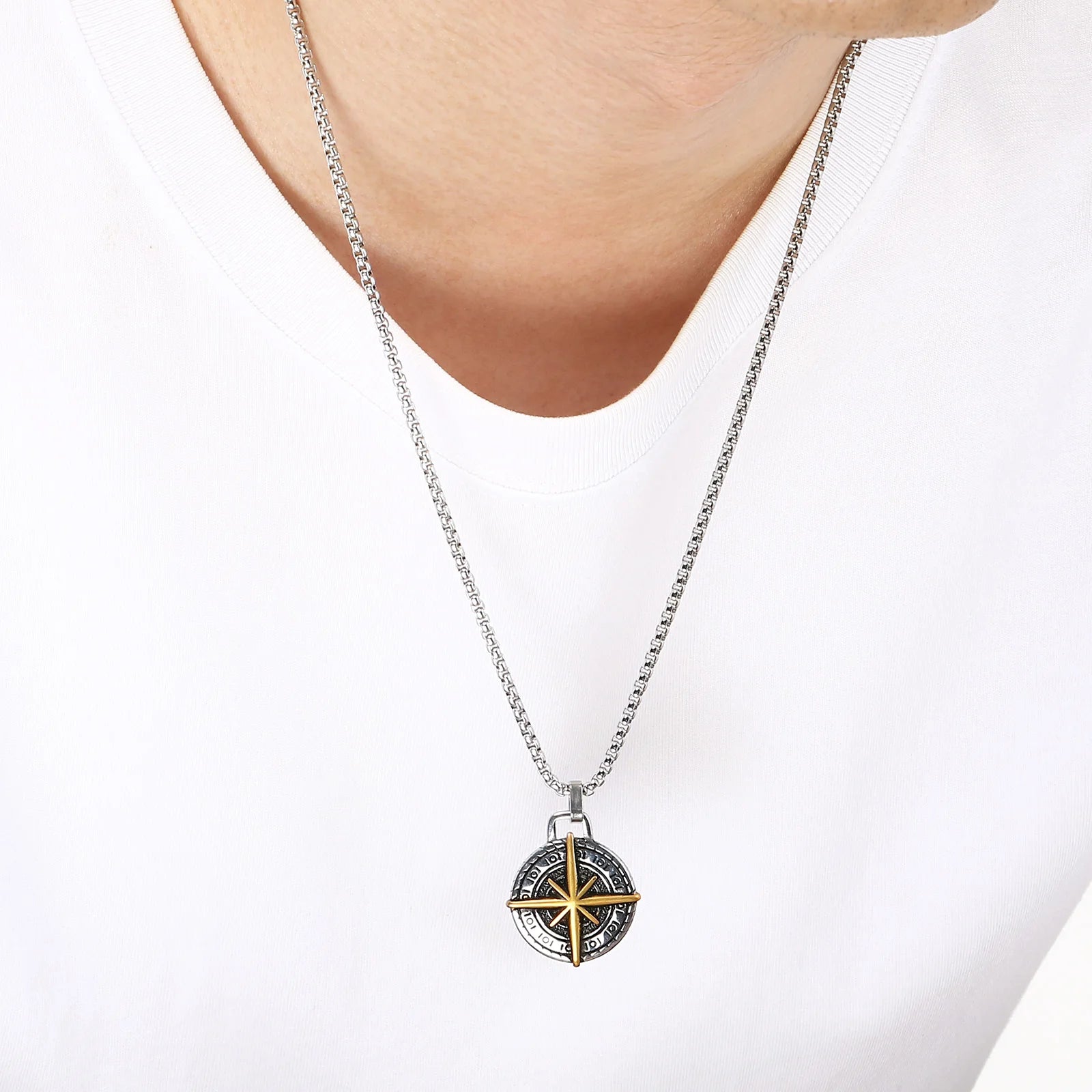 KALEN Stainless Steel 304 Vintage Compass Pendant Necklace For Men - KP117697-LU