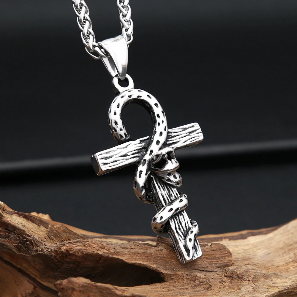 Snake Cross Pendant — Stainless Steel