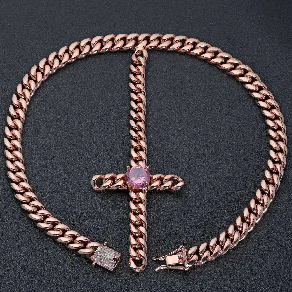 Rose Gold Cross Pendant Necklace Cuban Chain
