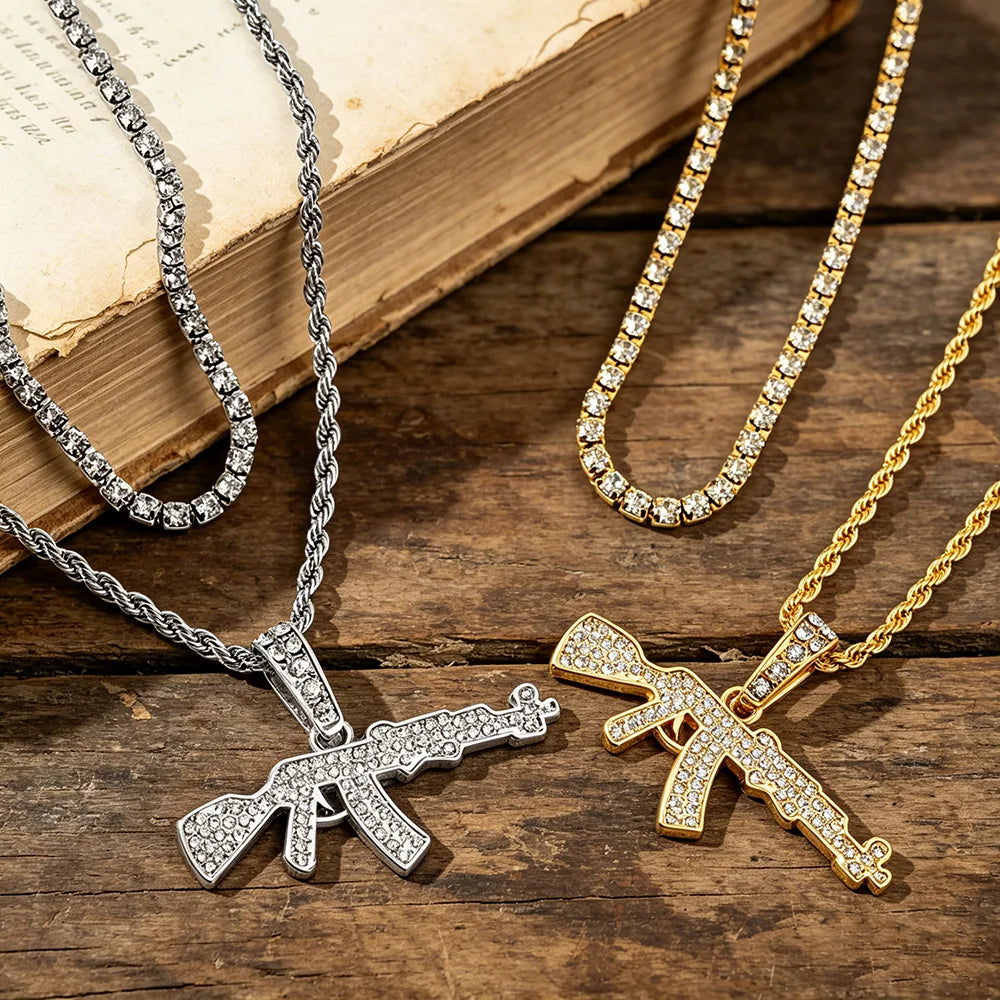 Iced Out Gun Pendant Necklace - Hip Hop Bling with Tennis & Rope Chains, Gold/Silver Plated for Men