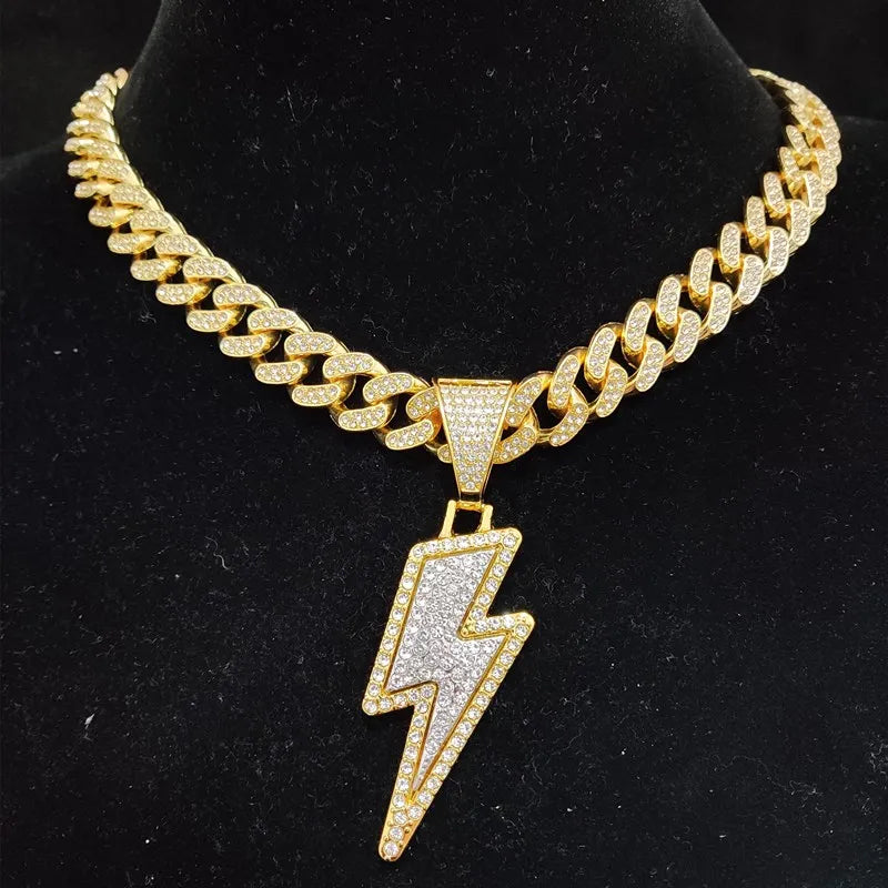 Men Women Hip Hop Lightning Pendant Necklace with 13mm Crystal Cuban Chain HipHop Iced Out Bling Necklaces Fashion Charm Jewelry