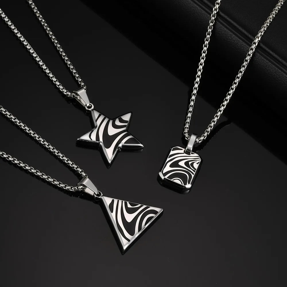 Stylish Black Drip Oil Geometric Necklace for Men,Stainless Steel Triangle Pentagram Square Pendant,New Jewelry Gift