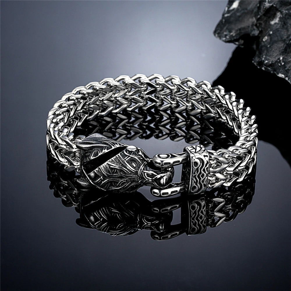 Retro Vikings Bear Norse Wolf Bracelets Men Punk Stainless Steel Mesh Chain Snake Eagle Animal Biker Wristband