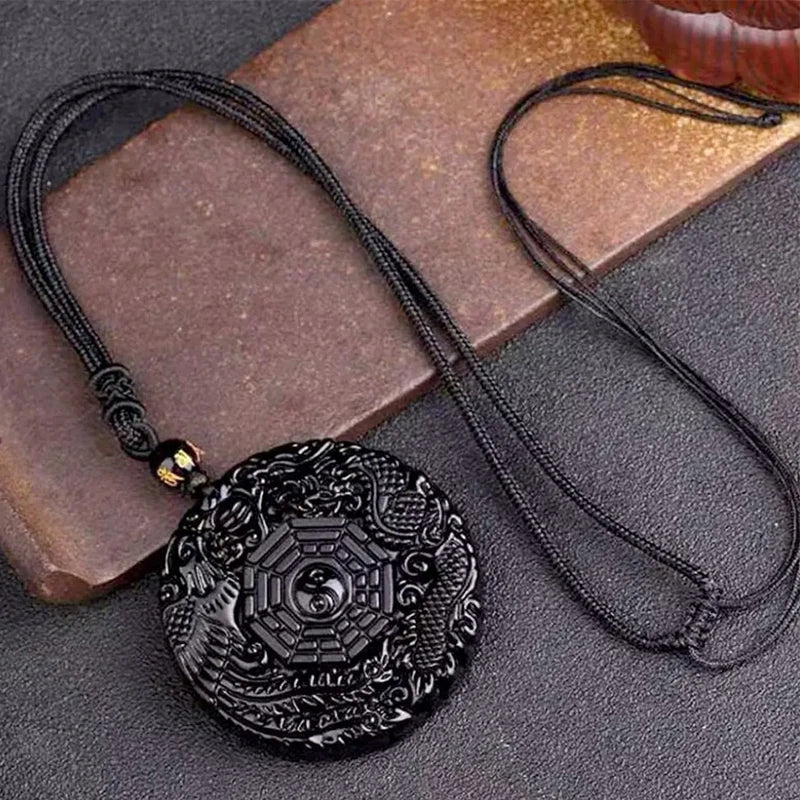Natural Black Obsidian Hand Carved Chinese Dragon Phoenix Bird Amulet BaGua Necklace For Women Men Luck Mascot Amulet Pendant