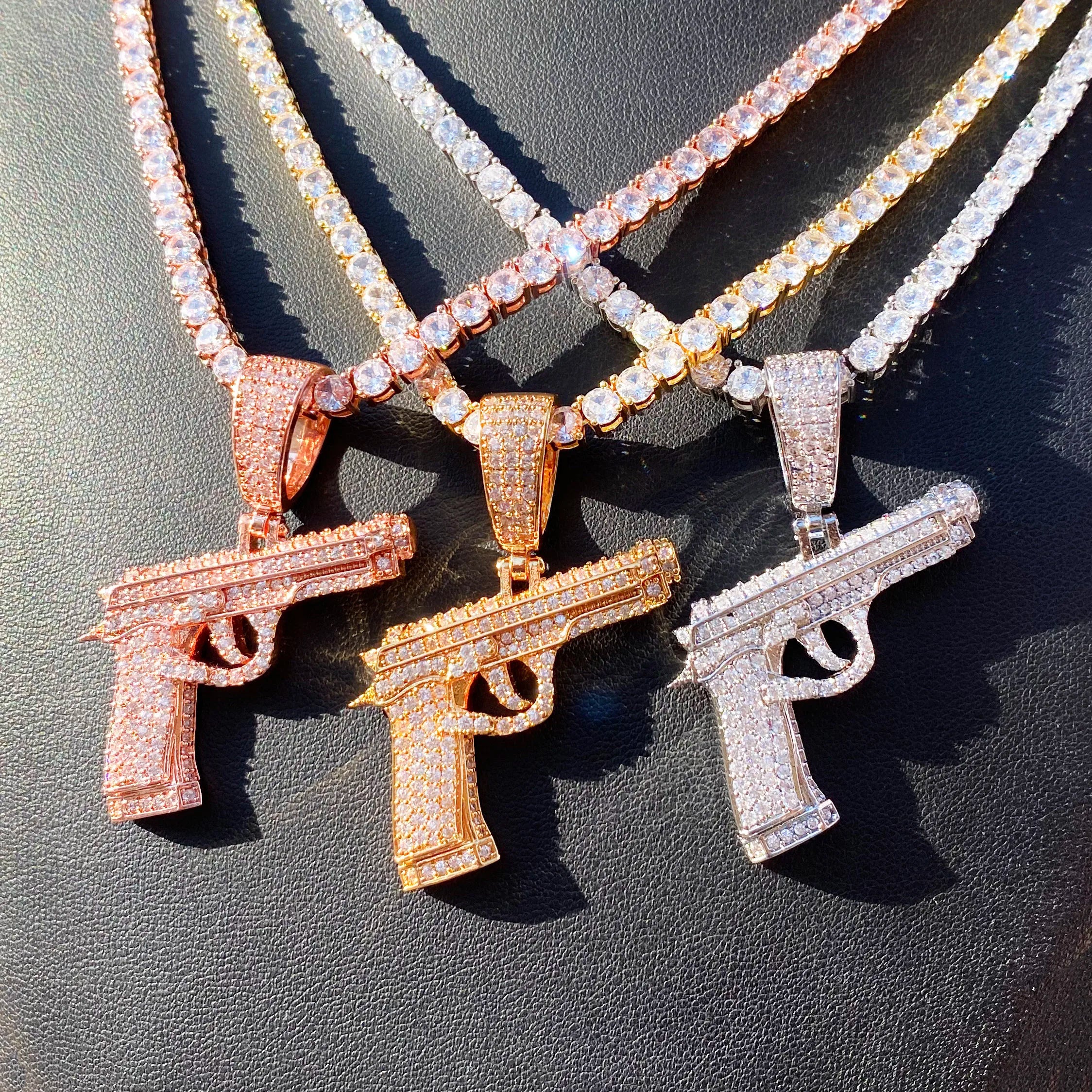 Aokaishen Iced Out Gun Necklace Pendant for Men Street Culture Prong Setting Charm Cubic Zirconia Hip Hop Jewelry
