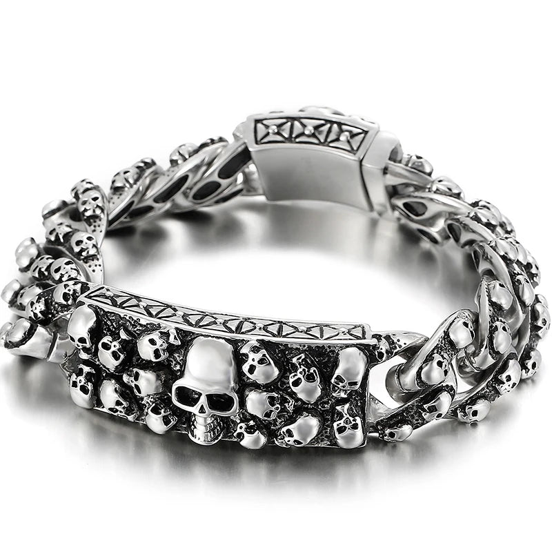 Punk Rock Man Bracelet Stainless Steel Wide Skull Head Link Chain Bracelets for Men Gothic Men's Bikers' Jewelry