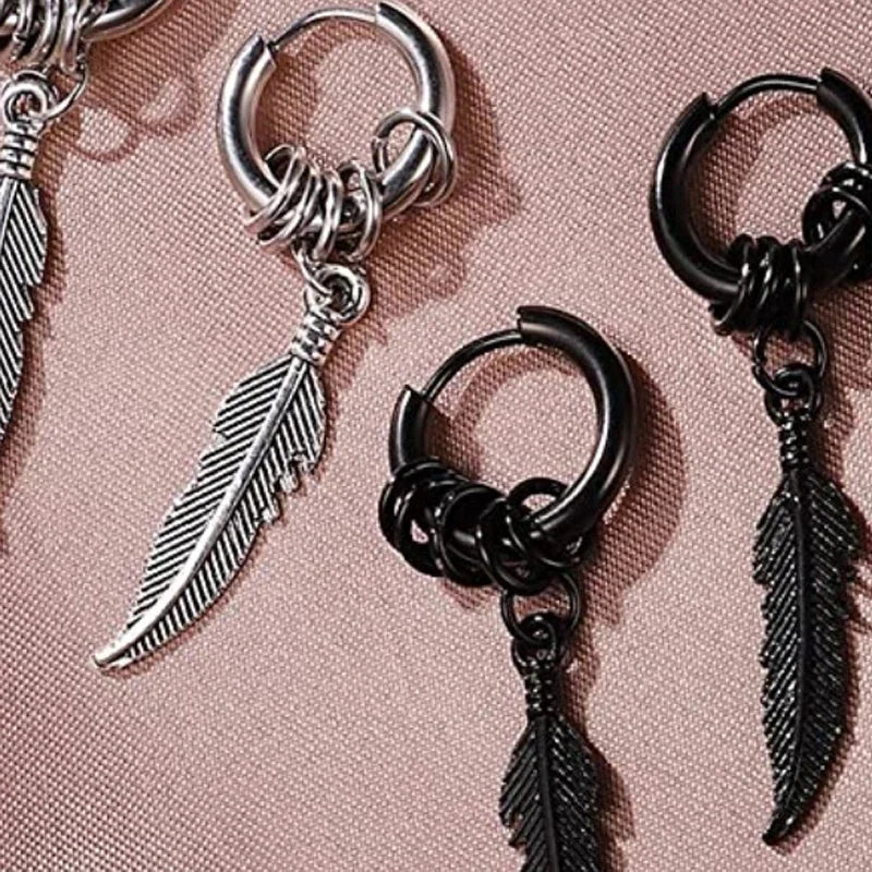 Feather Dangle Huggie Hoop Earrings for Men — Stainless Steel