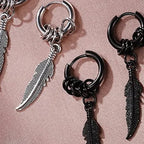 Feather Dangle Huggie Hoop Earrings for Men — Stainless Steel