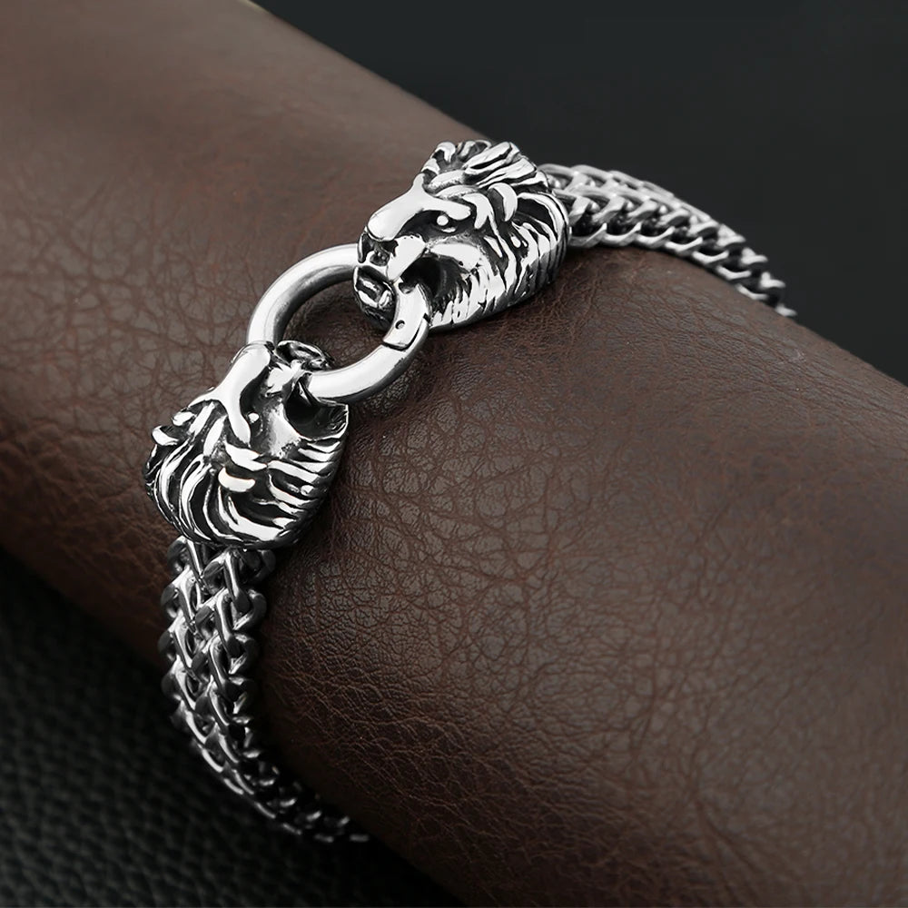 Double Lion Head Biker Bracelet — Stainless Steel, 23.5cm
