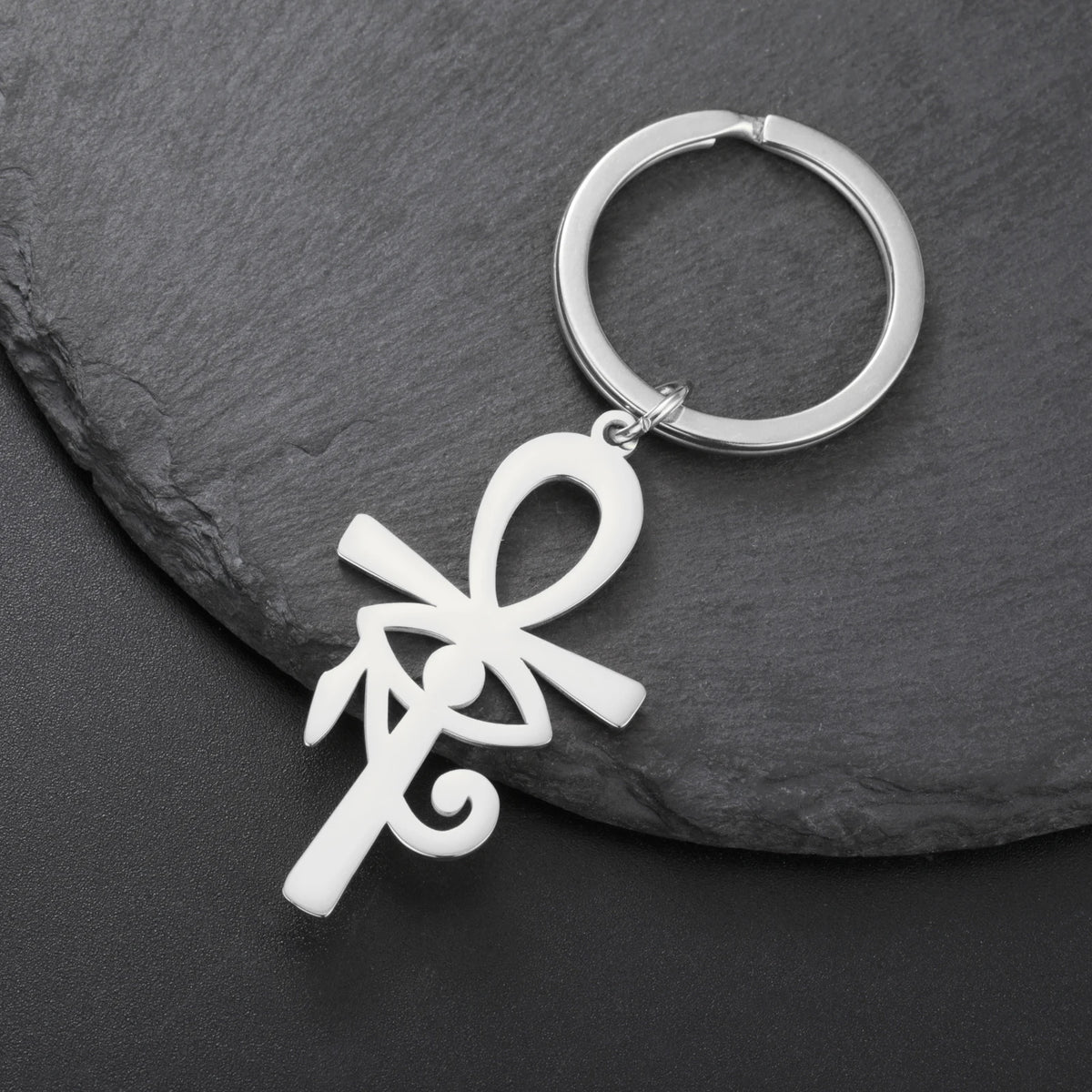 LIKGREAT Eye of Horus Keychain Ancient Egypt Ankh Cross Keyring for Women Men Stainless Steel Talisman Cross Jewelry