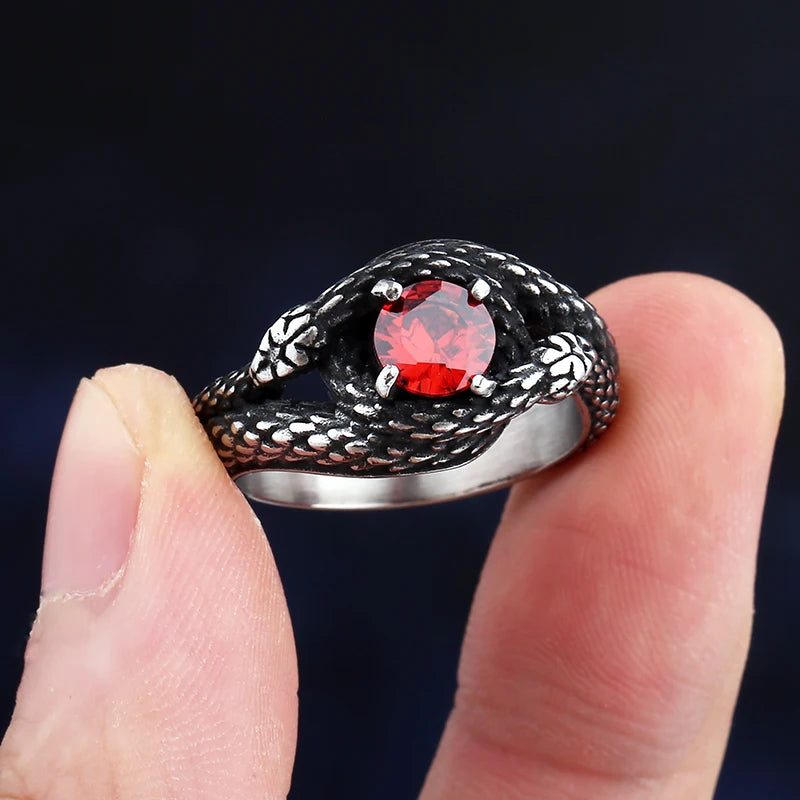 2023 New Vintage 316L Stainless Steel 3D Snake Ring With Red&Green StoneAnimal Fashion jewelry For Man Women Boyfriend