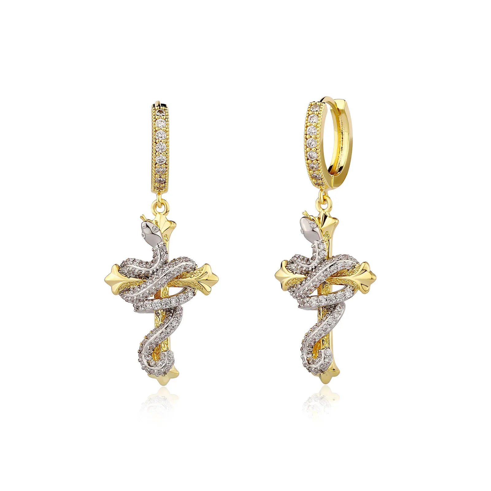 Iced Out Cross Snake Dangle Hoop Earrings