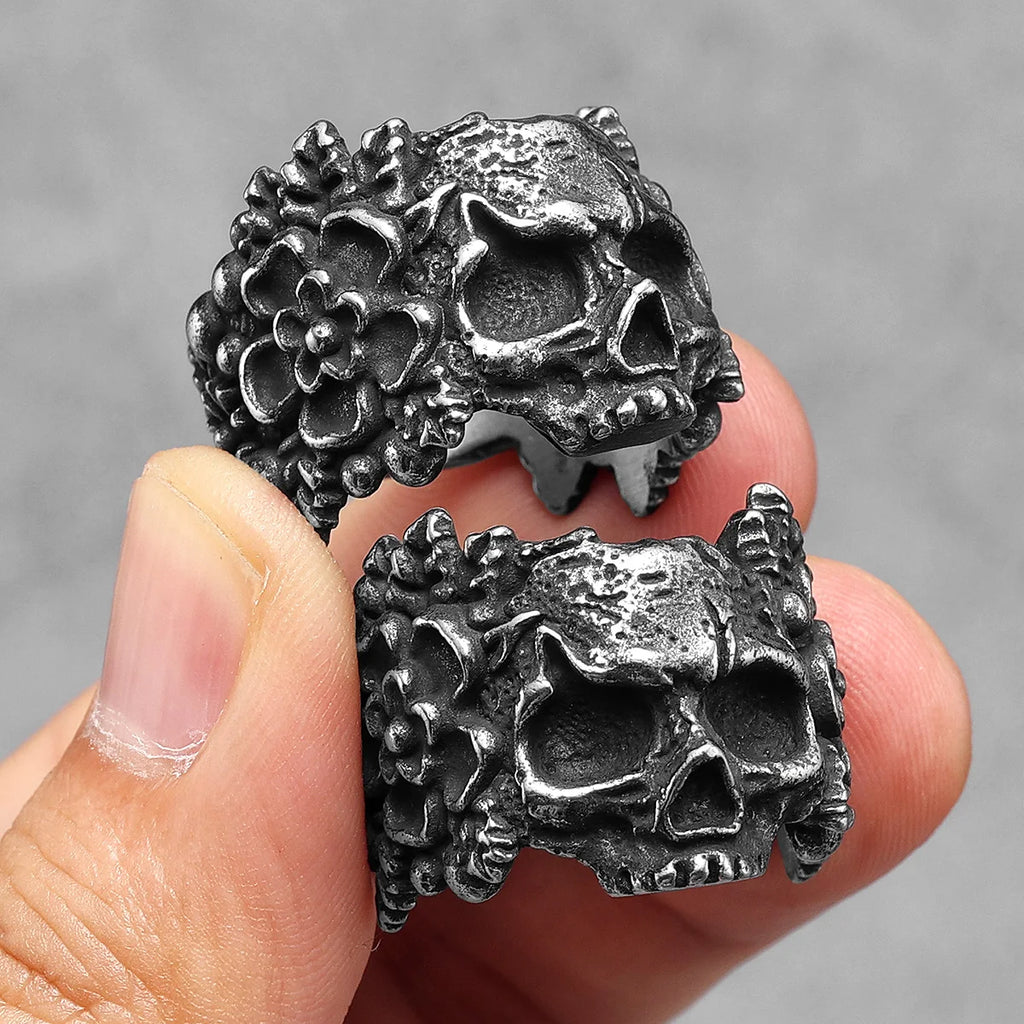 Flower Skull Ring Black — Stainless Steel
