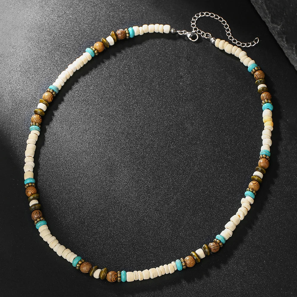 Wooden Coconut Shell Turquoise Bead Necklace — Two-Tone