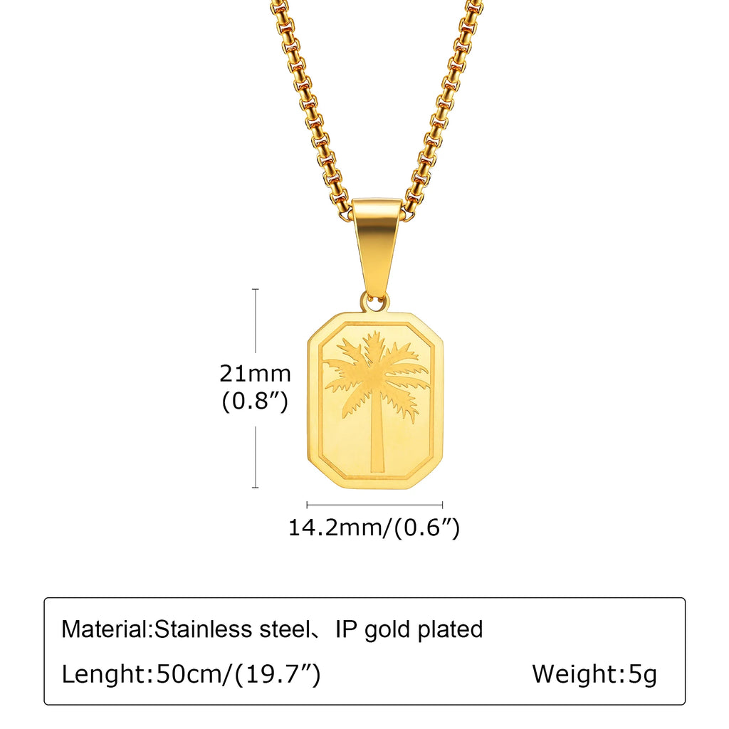 Palm Tree Square Pendant Necklace — Stainless Steel