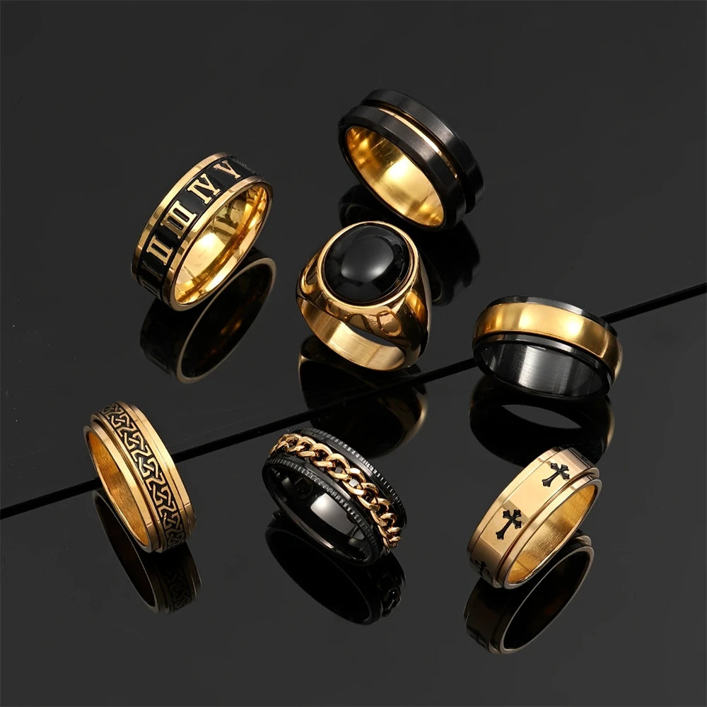 Viking Rune Cross Ring Set for Men — 7-Piece Stainless Steel