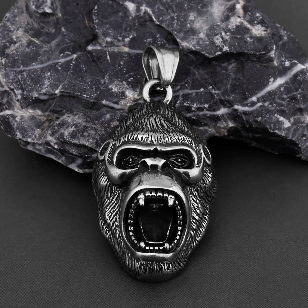 Stainless Steel Animal Gorilla Pendant Necklace Men's Domineering Roar Necklace Biker Vintage Punk Chain Jewelry Party